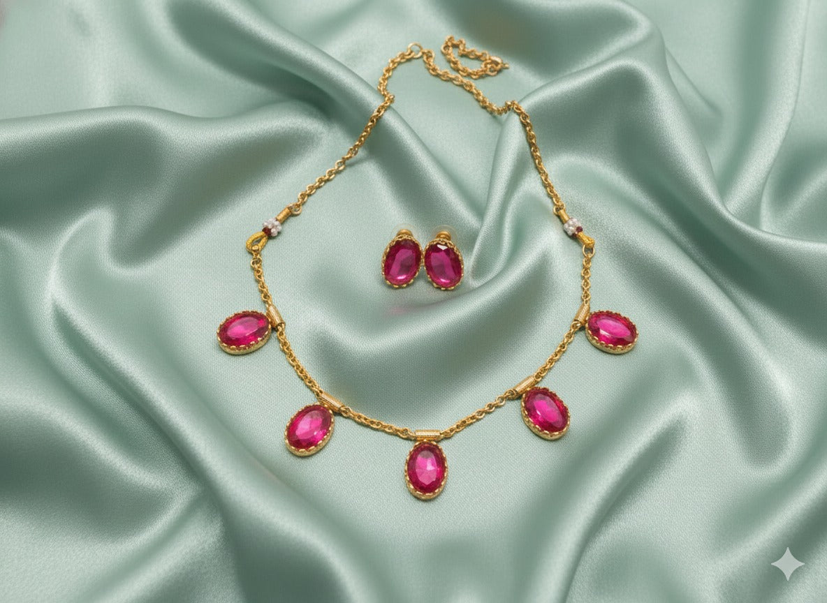 Minimalist Rani Pink Oval Stone Necklace with Matching Studs